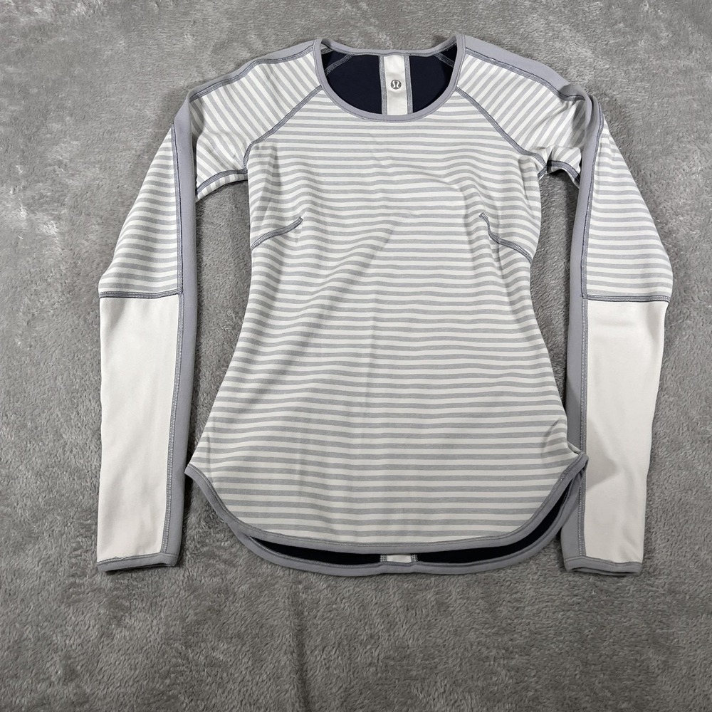 Lululemon Runder Under Shirt Womens 4 Gray White Stripe Reversible Long Sleeve